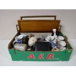 A tray containing assorted tea china, preserve pots, blue and white jugs animal figures,