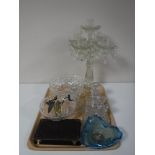 A tray containing assorted glassware, including a five way table candelabra with glass drops,