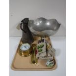 A tray of early 20th century copper jug, pewter fruit bowl, brass barometer & thermometer,