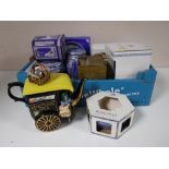 A box containing Ringtons landmarks vase, novelty tea pots, caddies,