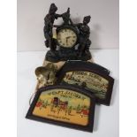 A tray of contemporary Julianna Quartz mantel clock, three wooden wall plaques,