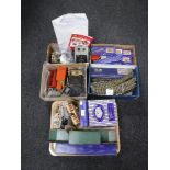 A tray and four boxes containing a quantity of Hornby Dublo track, buildings, accessories,