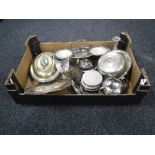 A box of 20th century plated ware - muffin dish, entree dish, serving tray,