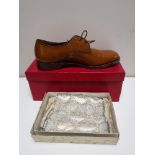A pair of boxed Trickers bench made brown leather shoes and a vintage beaded purse