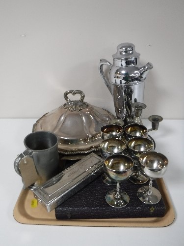 A tray containing twentieth century plated ware, including lidded entree dish, goblets, tankards,