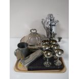 A tray containing twentieth century plated ware, including lidded entree dish, goblets, tankards,