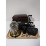 A tray of Victorian mahogany caddy, pair of boxed Edinburgh International engraved whiskey tumblers,