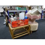 A conservatory side table, wicker stool,