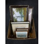 A box containing framed prints, sailing scenes, colour etchings, a Kate Holland oil on board,