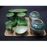 A tray of five pieces of Maling green lustre china and a pair of Maling peony rose ginger jars (no