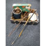 A box containing furs, vintage leather ladies handbag, two walking canes, one with silver mount,