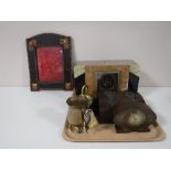A tray containing a part art deco, marble mantel clock, photo frame, metal bound casket,