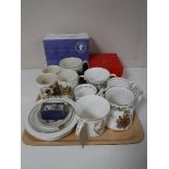 A tray of commemorative ware mugs,