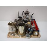 A tray containing assorted twentieth century plated ware, including tea pot, serving tray ,