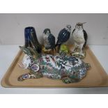 A tray containing three whytermackay birds of prey decanters,