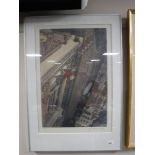 A contemporary framed limited edition print - woman hanging from a New York skyline by Scluitch