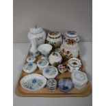 A tray containing assorted ginger jars with lids, Wedgwood clementine pill boxes, vases,