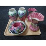 A tray of six pieces of pink lustre Maling ware