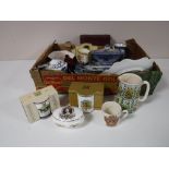 A box containing Ringtons china, boxed Ringtons cars, commemorative ware,