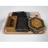 A tray of trinket boxes of costume jewellery, lady's bags, pocket compasses,