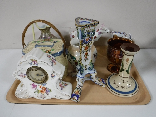 A tray containing a copper lustre twin handled mug, Boothe's Pompadour jug, cow creamer,