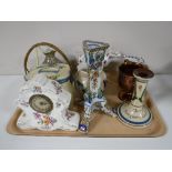 A tray containing a copper lustre twin handled mug, Boothe's Pompadour jug, cow creamer,