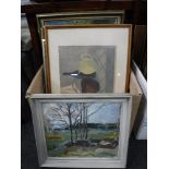 A box of continental school oils and prints - abstract, figures in garden dated Gorm dated '52,