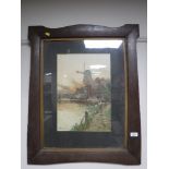 An early twentieth century oak framed watercolour, Dutch windmill scene,