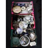 Three boxes containing assorted china, including Denby dinner ware, Wedgwood cups and saucers,