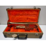 A brass Lafleur trumpet in case