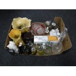 A box containing assorted glassware, decanters, paperweights, salt and pepper mill,