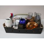 A box containing assorted china, graduated copper lidded pans, glassware,