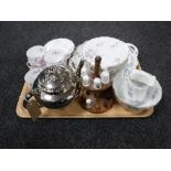 A tray of German china tea service, Royal Worcester silvered teapot,