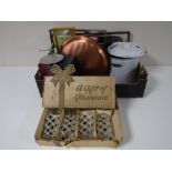 A box of kitchen ware - enamelled lidded pot, copper tray, boxed glass ware,