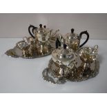 Two four piece Sheffield plate tea services on twin handled trays