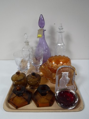 A tray of assorted glassware including etched decanters and goblets, part smoked glass trinket set,