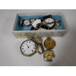 A box of wrist watches, pocket watch etc.