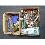 Two boxes containing a large quantity of assorted hand tools, oil can, Bosch Isio hedge trimmer,