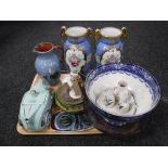 A tray of Royal Doulton snowman figure, pair of Nortiake vase, Saddler racing car teapot,