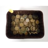 Two tubs of pre decimal foreign and English coins including half pennies, crowns,