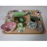 A tray containing six pieces of Maling lustre china, a Wedgwood Jasperware jug and trinket dish,