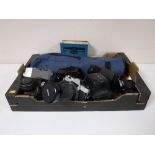 A box containing Chinon, Minolta, Practika cameras, camera lenses, Cine camera