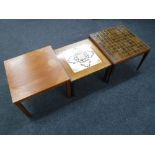 Two Danish teak tiled topped coffee tables and one other