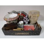 A box containing Italian china planter, assorted glassware, commemorative mugs, Eastern vase,