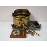 A plated twin handled gallery serving tray, together with a copper coal bucket, wall barometer,