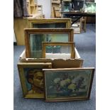 A box of continental school framed oils - still lifes,