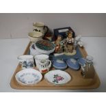 A tray containing two Goebel figurines, Wedgwood Jasperware Goss pieces,