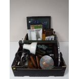 Two boxes containing wooden plaques, mid twentieth century desk lamp, framed football montage,