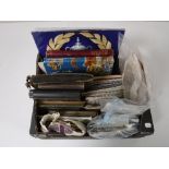 A box containing an Esso FA Cup centenary coin collection , stamp albums, cigarette card albums,