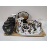 A tray of ten piece china dressing table set, Noritake fluted vases,